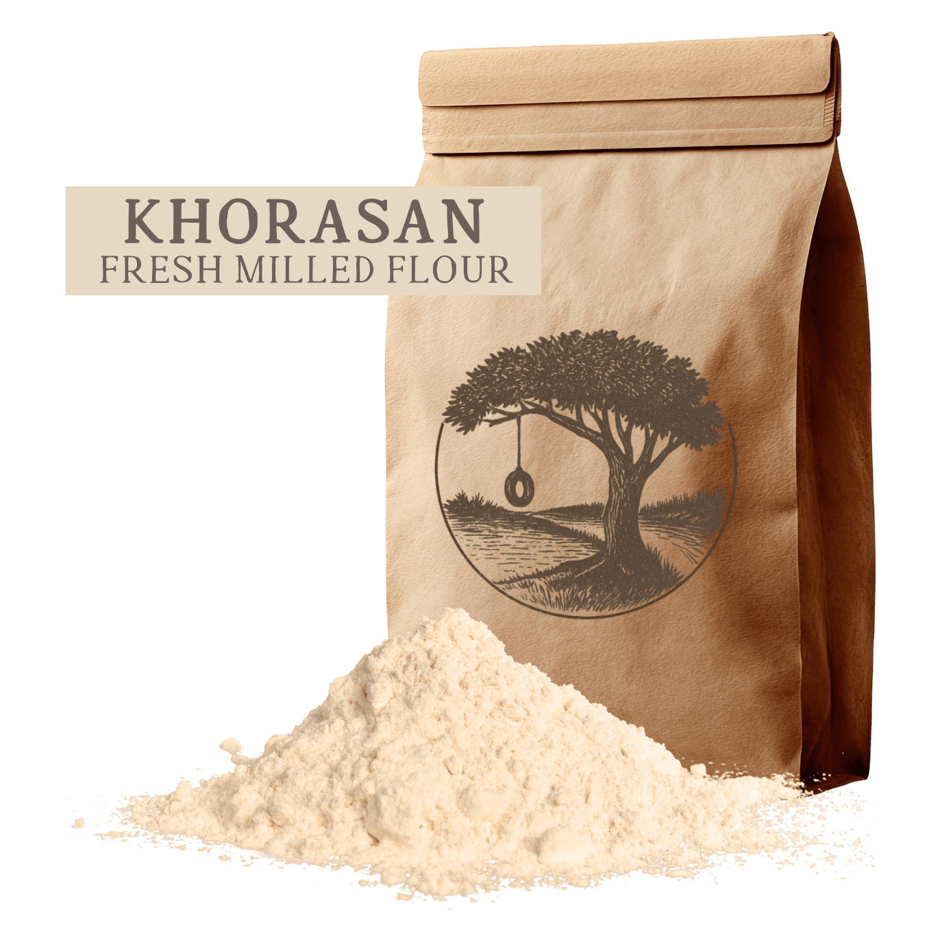 A bag of fresh-milled Khorasan flour from Kern River Milling, showcasing the golden hue of these healthy grains. Expert whole grain milling makes this one of the best whole grains for organic whole wheat bread. We ship throughout the United States."