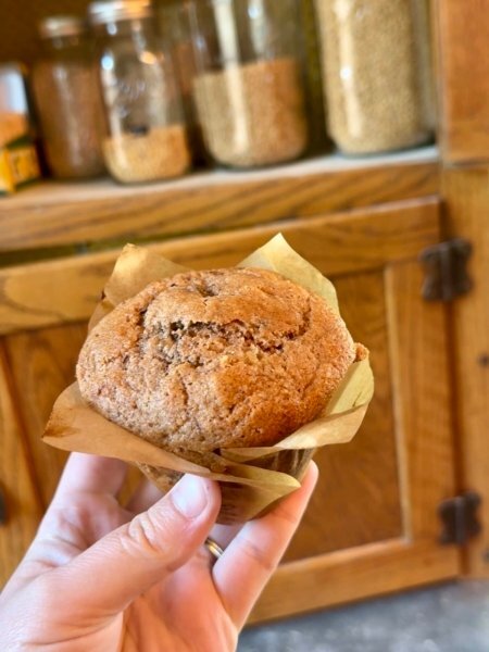 golden brown jumbo spelt and banana cinnamon muffins