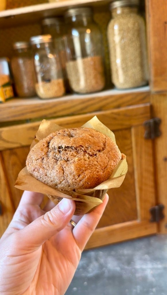 golden brown jumbo spelt and banana cinnamon muffins