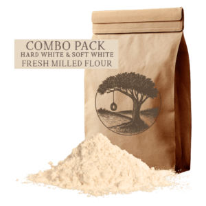 Kern River Milling 6 lb. Fresh-Milled Flour Combo Pack featuring one 3 lb. bag of Hard White Wheat and one 3 lb. bag of Soft White Wheat for organic whole wheat bread and pastry baking.