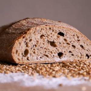 Close-up of a rustic artisan bread loaf slice surrounded by scattered wheat grains on a flour-dusted surface.